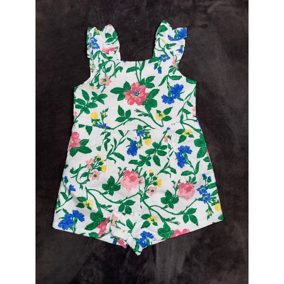 Janie and Jack Other - Janie and Jack Girls Floral Ruffle Romper Pique Cutout Back White Pink 6-12M NWT